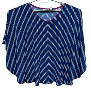 Susan Graver Blouse Plus 1X Blue White VNeck Chevron Striped Liquid Knit